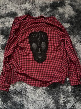 Red & Black Plaid button up Shirt with lace see through Skull Back